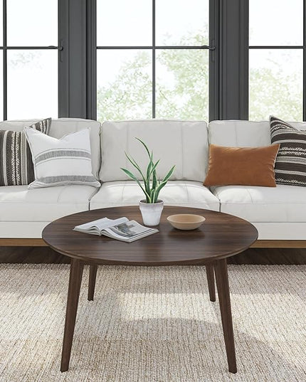 Plank+Beam Mid Century Modern Coffee Table, 36 Inch Wood Coffee Tables for Living Room, Round Center Table, Cocktail Table for Small Spaces, Walnut - LeafyLoom