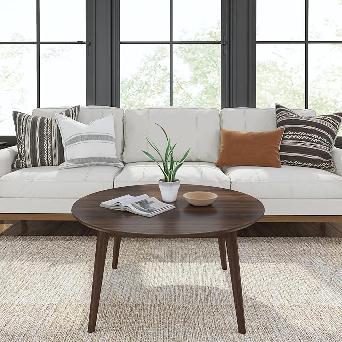 Plank+Beam Mid Century Modern Coffee Table, 36 Inch Wood Coffee Tables for Living Room, Round Center Table, Cocktail Table for Small Spaces, Walnut - LeafyLoom