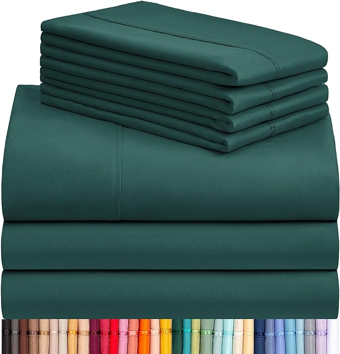 LuxClub 7 PC Split King Sheet Set, Breathable Luxury Bed Sheets, Deep Pockets 18" Eco Friendly Wrinkle Free Cooling Sheets Machine Washable Hotel Bedding Silky Soft - Emerald Split King - LeafyLoom