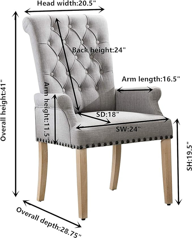 Dining Room Chairs with Arms,Tufted Upholstered High Back Nailed Trim with Untique Oak Wood Legs for Kitchen Restaurant Room Bedroom,Smoke Grey - LeafyLoom