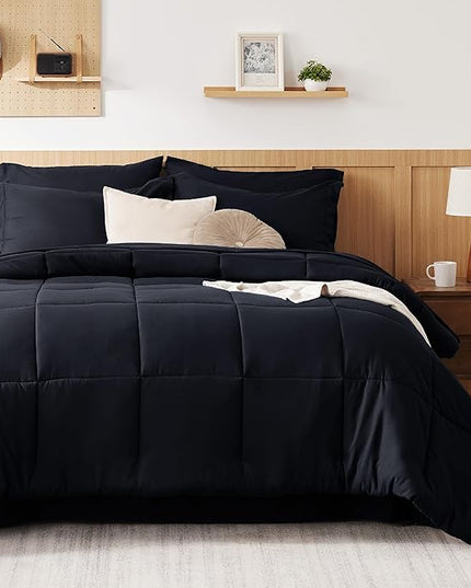 Bedsure Black Queen Size Comforter Set - 7 Pieces Solid Queen Bed Set, Queen in a Bag Black with Quilted Warm Fluffy Comforters, Sheets, Pillowcases & Shams - LeafyLoom