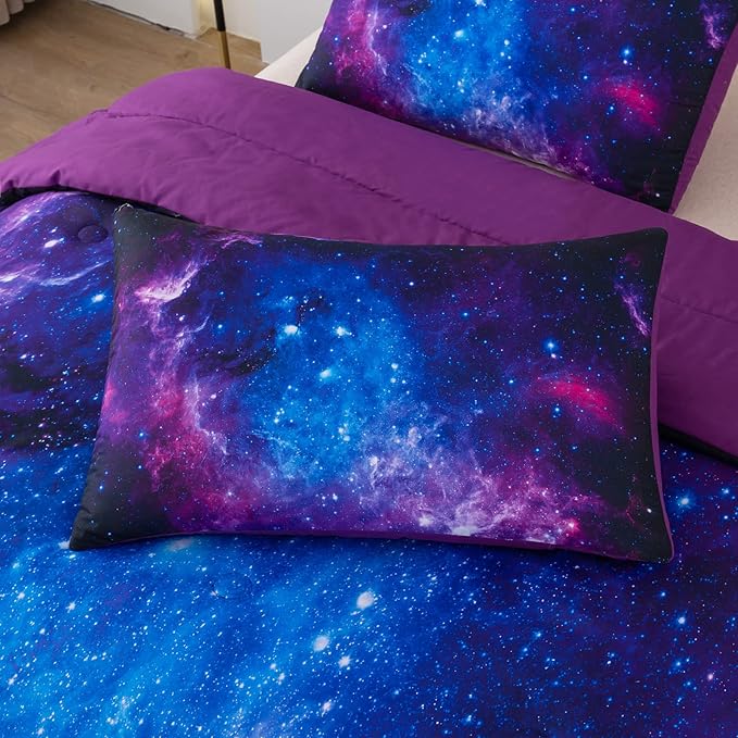 NINENINE Galaxy Comforter Space Bedding Set Queen Size for Teen Kids, Girls Purple Comforter Set Printed with 1 Comforter 2Pillowcases…… - LeafyLoom