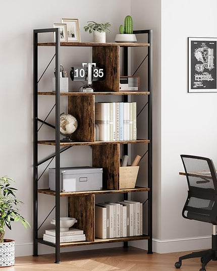 5 Tier Bookshelf with Storage, 61 Inch Tall Industrial Book Shelf with Open Display Bookshelves, 5 Shelf Bookcase with Metal Frame for Living Room, Bedroom and Home Office-Rustic Brown - LeafyLoom