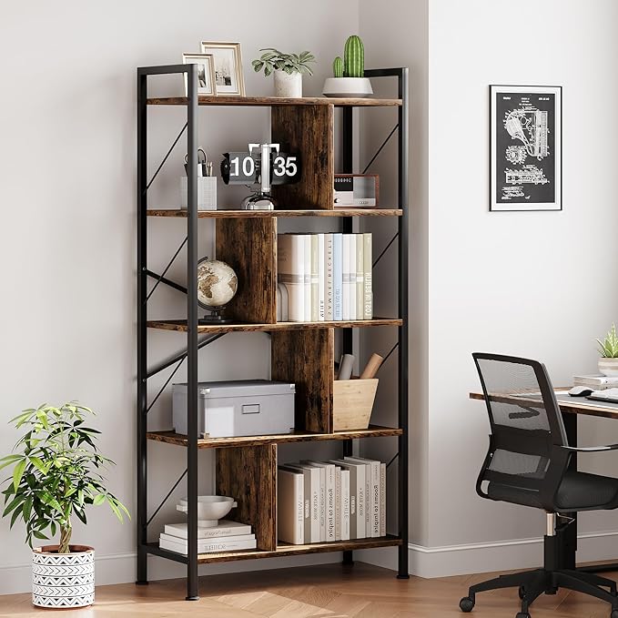 5 Tier Bookshelf with Storage, 61 Inch Tall Industrial Book Shelf with Open Display Bookshelves, 5 Shelf Bookcase with Metal Frame for Living Room, Bedroom and Home Office-Rustic Brown - LeafyLoom