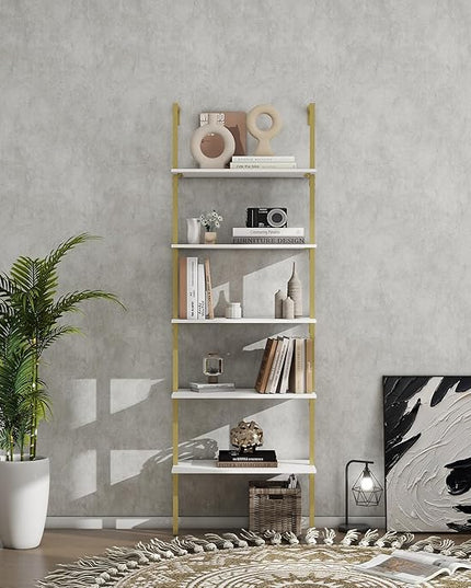 Panana Industrial 5 Tier Ladder Shelf, Open Space Book Shelf Wall Mount Bookshelf with Metal Frame Sturdy Bookcase for Living Room (White, 5 Tier) - LeafyLoom