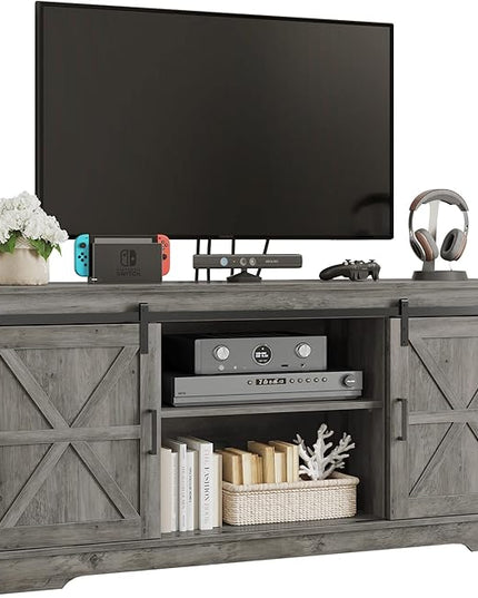 YITAHOME Farmhouse TV Stand for 65/60/55 Inch, Modern Entertainment Center with Sliding Barn Door, Wood TV Media Console Storage TV Cabinet for Living Room for 300lbs, Rustic Grey - LeafyLoom