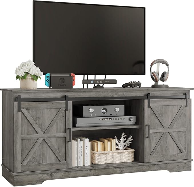 YITAHOME Farmhouse TV Stand for 65/60/55 Inch, Modern Entertainment Center with Sliding Barn Door, Wood TV Media Console Storage TV Cabinet for Living Room for 300lbs, Rustic Grey - LeafyLoom