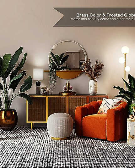 3 Globe Mid Century Modern Floor Lamp for Living Room, Contemporary Gold Lamp with Frosted Glass Shade and Bulbs Included, LED Standing Tall Pole Lamp for Bedrooms, Office - Antique Brass - LeafyLoom