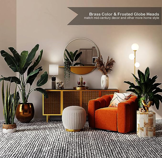 3 Globe Mid Century Modern Floor Lamp for Living Room, Contemporary Gold Lamp with Frosted Glass Shade and Bulbs Included, LED Standing Tall Pole Lamp for Bedrooms, Office - Antique Brass - LeafyLoom