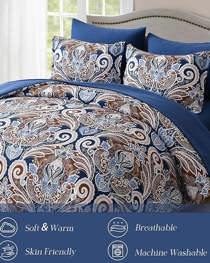 Yiran Blue Paisley Comforter Set Queen 7 Pieces Bed in a Bag Boho Comforter Lightweight Microfiber Reversible Bedding Set (1 Comforter, 1 Flat Sheet, 1 Fitted Sheet, 2 Pillowcases, 2 Pillow Shams) - LeafyLoom