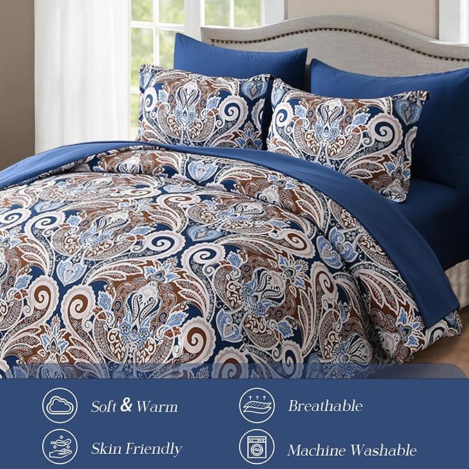 Yiran Blue Paisley Comforter Set Queen 7 Pieces Bed in a Bag Boho Comforter Lightweight Microfiber Reversible Bedding Set (1 Comforter, 1 Flat Sheet, 1 Fitted Sheet, 2 Pillowcases, 2 Pillow Shams) - LeafyLoom