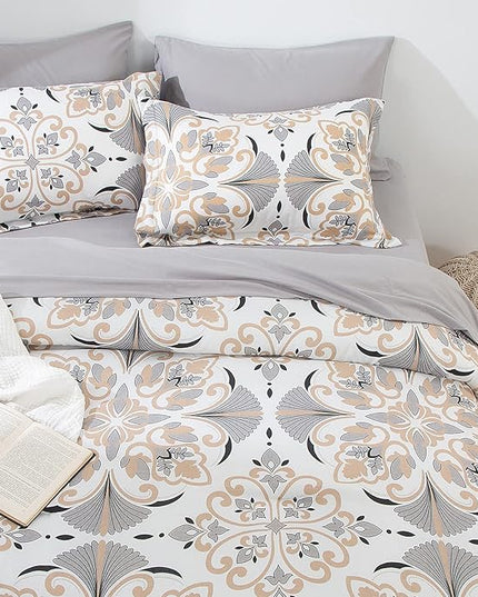 EMME Queen Comforter Set - Grey White Floral Bedding Set 7 PCS with Geometric Flowers Pattern, Soft Plant Printed Botanical Bed Set with Sheets, Fluffy Bed Bag for All Season(90"X90") - LeafyLoom