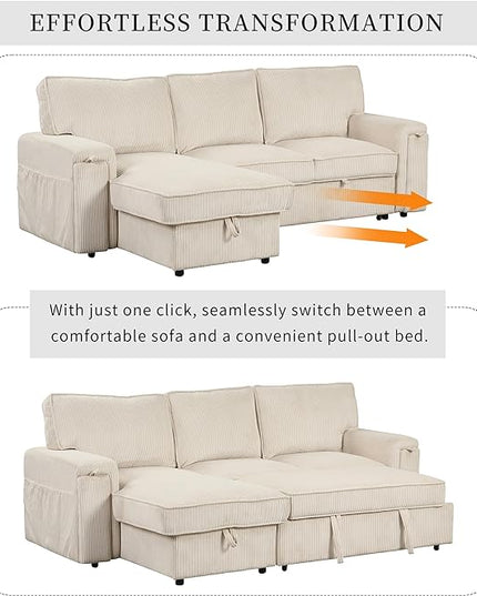 Corduroy Upholstered Convertible Sleeper Sectional Couch Pull Out Sofa Bed ,4 Seater L Shaped Corner Sofa&Couch Sofabed with Reversible Storage Chaise Lounge and Cupholders for Living Room Office - LeafyLoom