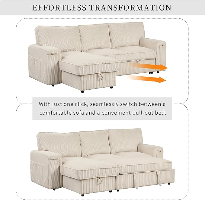 Corduroy Upholstered Convertible Sleeper Sectional Couch Pull Out Sofa Bed ,4 Seater L Shaped Corner Sofa&Couch Sofabed with Reversible Storage Chaise Lounge and Cupholders for Living Room Office - LeafyLoom
