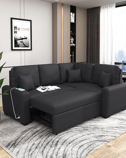 3 in 1 Convertible Sectional Sofa with Pull Out Bed , 87.4" L Shaped Corner Couch with USB Charging Ports & Plug Outlet , Breathable Linen Fabric Conversion Sofabed for Living Room Office Furniture - LeafyLoom