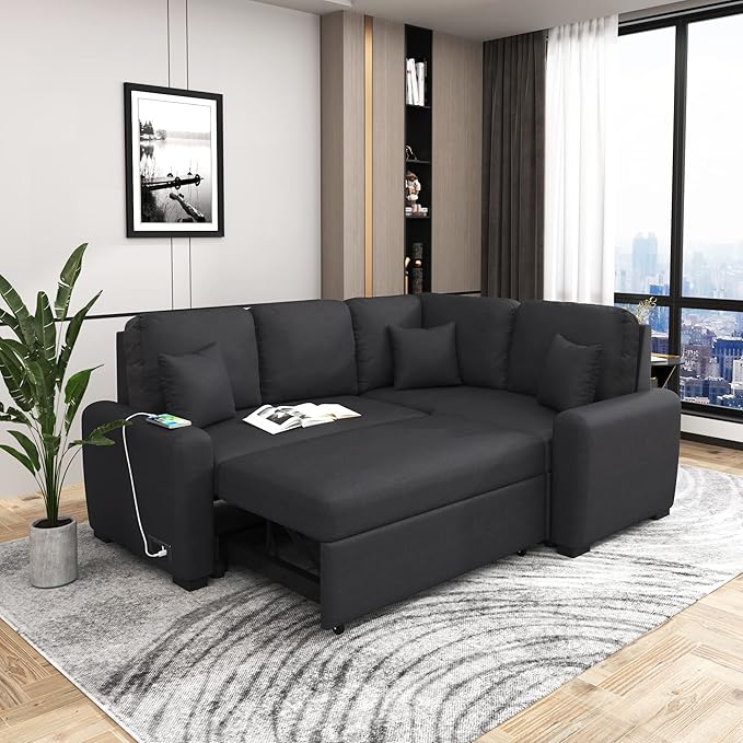 3 in 1 Convertible Sectional Sofa with Pull Out Bed , 87.4" L Shaped Corner Couch with USB Charging Ports & Plug Outlet , Breathable Linen Fabric Conversion Sofabed for Living Room Office Furniture - LeafyLoom