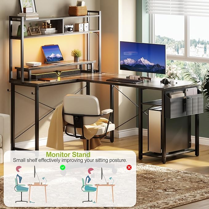 Small L Shaped Gaming Desk with Power Outlets, 48" Reversible L Shaped LED Computer Desk with Monitor Stand & Storage Shelf, Corner Gamer Desk Home Office Desk with Storage Bag, Black Oak - LeafyLoom