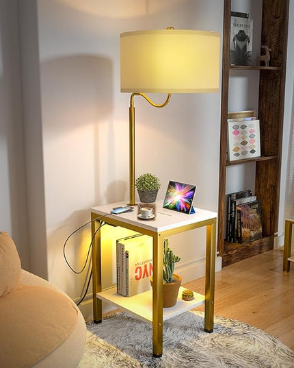 LED Floor Lamp with Table, Side Table with LED Light and Power Outlet, Nightstand with Lamp, End Table with Lamp Attached for Living Room, Bedroom, USB Ports, Bulb Included, White - LeafyLoom