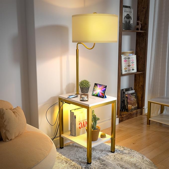 LED Floor Lamp with Table, Side Table with LED Light and Power Outlet, Nightstand with Lamp, End Table with Lamp Attached for Living Room, Bedroom, USB Ports, Bulb Included, White, 2 Pack - LeafyLoom