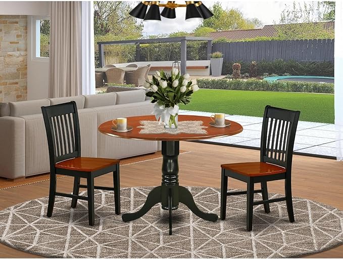 East West Furniture Dublin 3 Piece Room Set Contains a Round Dining Table with Dropleaf and 2 Wood Seat Chairs, 42x42 Inch, DLNO3-BCH-W - LeafyLoom