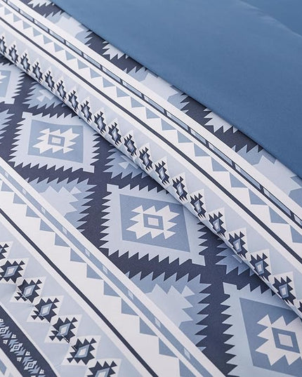 Dinjoy Blue Comforter Set Queen Size, Western Bedding Sets Queen 7 Pieces Bed in a Bag Geometric Striped Comforters with Sheets Aztec Patchwork Complete Set for All Seasons 90"x90" - LeafyLoom