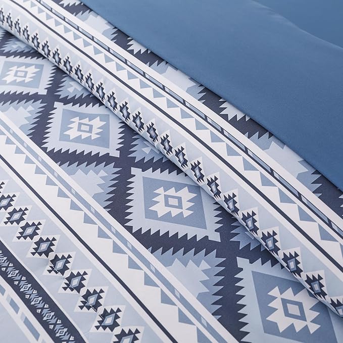 Dinjoy Blue Comforter Set Queen Size, Western Bedding Sets Queen 7 Pieces Bed in a Bag Geometric Striped Comforters with Sheets Aztec Patchwork Complete Set for All Seasons 90"x90" - LeafyLoom