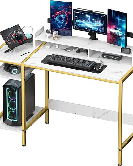 Gaming Desk with Monitor Stand, Storage and Marble Design - Adjustable Home Office Writing Desk - LeafyLoom