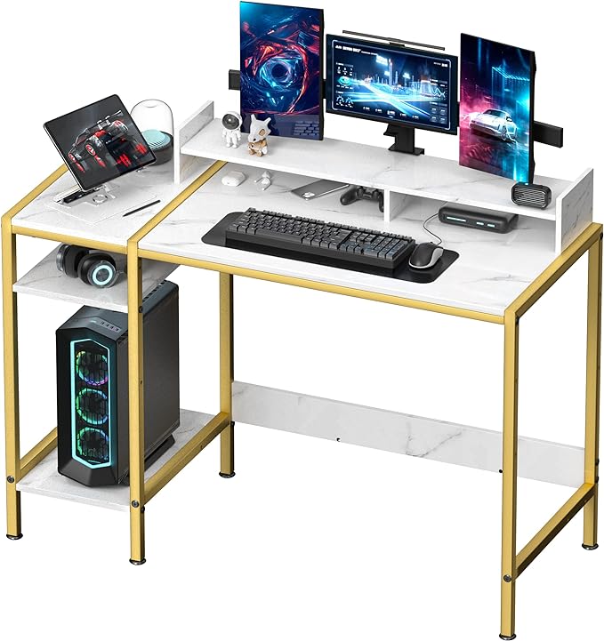 Gaming Desk with Monitor Stand, Storage and Marble Design - Adjustable Home Office Writing Desk - LeafyLoom