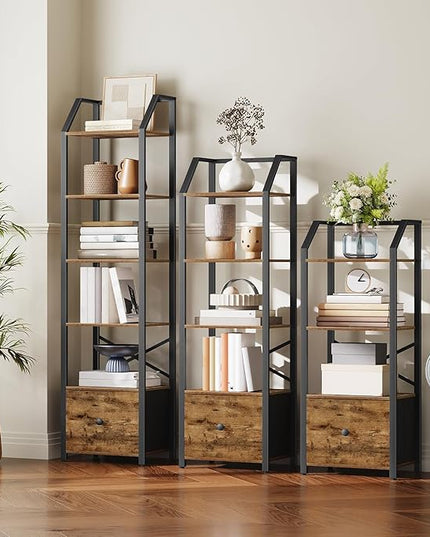 6 Tier Bookshelf, Book Shelf with Removable Drawer, Tall Narrow Bookcase with Shelves, Standing Display Shelf, Storage Organizer, for Bedroom, Home Office, Rustic Brown and Black SJ06BR - LeafyLoom