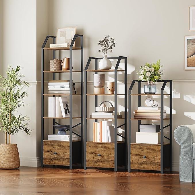 5 Tier Bookshelf, Book Shelf with Removable Drawer, Tall Narrow Bookcase with Shelves, Standing Display Shelf, Storage Organizer, for Bedroom, Home Office, Rustic Brown and Black SJ05BR - LeafyLoom