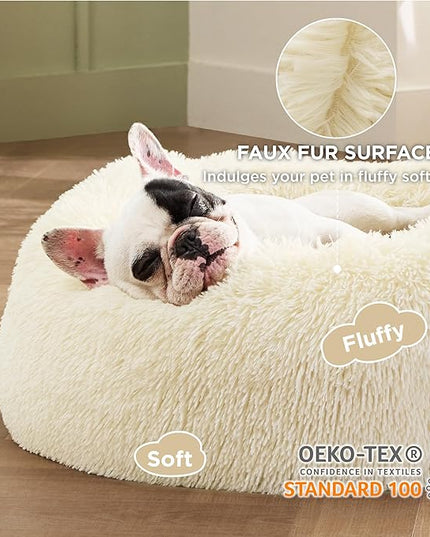 Bedsure Calming Dog Bed for Small Dogs - Donut Washable Small Pet Bed, Round Anti-Slip Fluffy Plush Faux Fur Large Cat Bed, Fits up to 25 lbs Pets, Oat Milk, 23 inches BEDSURE