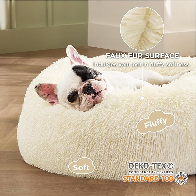 Bedsure Calming Dog Bed for Small Dogs - Donut Washable Small Pet Bed, Round Anti-Slip Fluffy Plush Faux Fur Large Cat Bed, Fits up to 25 lbs Pets, Oat Milk, 23 inches BEDSURE