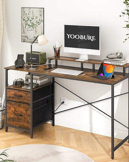 Yoobure Computer Desk, Office Desk with LED Lights & Power Outlets, Gaming Desk with Fabric File Cabinet, 55.1" Home Office Desks， Writing Desk with Drawers, Computer Table with Long Monitor Stand - LeafyLoom