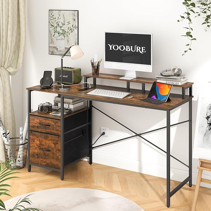 Yoobure Computer Desk, Office Desk with LED Lights & Power Outlets, Gaming Desk with Fabric File Cabinet, 55.1" Home Office Desks, Writing Desk with Drawers, Computer Table with Long Monitor Stand - LeafyLoom