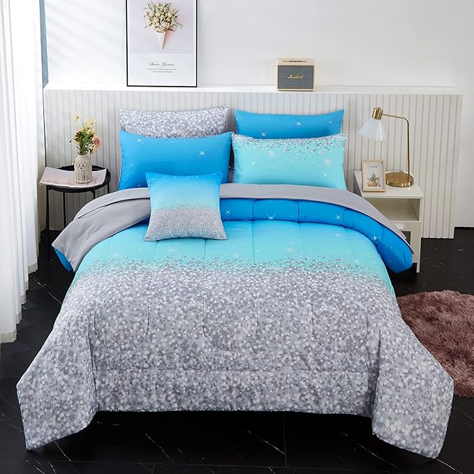 inron 4Pcs Aqua Gradient Twin Bedding Sets for Girls,Aqua Glitter All-Season Girls Comforter Set, Ultra Soft Girls Bedding Set(Aqua,Twin) - LeafyLoom