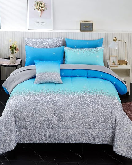inron Aqua Glitter Comforter Sets for Girls Women,Full Size 5-Pieces Bed in a Bag Ultra Soft Microfiber Comforter and Sheet Sets, All Season Durable Bedding Set(Aqua,Full) - LeafyLoom