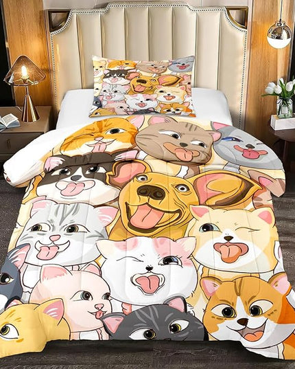 Dog Twin Comforter Set for Boys Bedroom - Dogs Cats Animal Theme Bedding Set for Living Playing Room Ultra Soft Puppy Dogs Kitten Quilt with 1 Pillowcase Kids Room Decor 2Pcs, Twin Size - LeafyLoom
