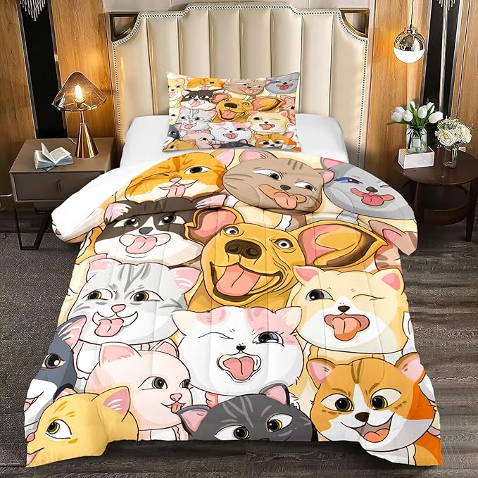 Dog Twin Comforter Set for Boys Bedroom - Dogs Cats Animal Theme Bedding Set for Living Playing Room Ultra Soft Puppy Dogs Kitten Quilt with 1 Pillowcase Kids Room Decor 2Pcs, Twin Size - LeafyLoom