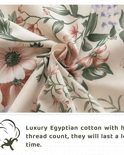 QSH Floral Egyptian Cotton Sheets King Size - Pink Flowers Green Leaves Pattern Printed Bedding King Size Bed Sheets 17.5" Extra Deep Pocket 4pcs - LeafyLoom
