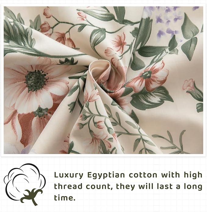 QSH Floral Egyptian Cotton Sheets King Size - Pink Flowers Green Leaves Pattern Printed Bedding King Size Bed Sheets 17.5" Extra Deep Pocket 4pcs - LeafyLoom