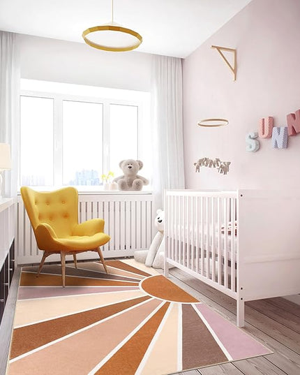 Topotdor Sun Rainbow Area Rug 3 x 5ft Boho Kids Nursery Rug, Colorful Washable Area Rug Ultra Soft Circle Classroom Rug Non-Slip for Bedroom Living Room Playroom Decor, Orange - LeafyLoom