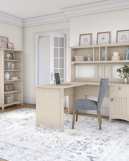 Bush Furniture Salinas 60W L Shaped Desk with Hutch and 5 Shelf Bookcase in Antique White - LeafyLoom