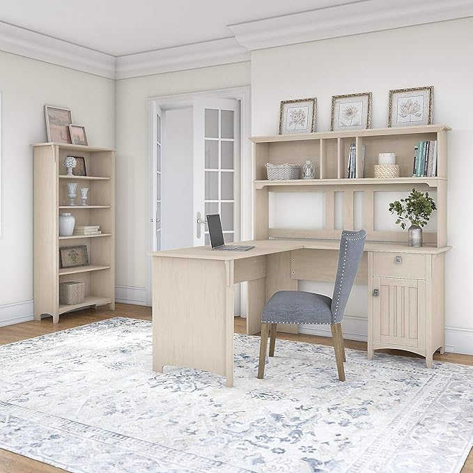 Bush Furniture Salinas 60W L Shaped Desk with Hutch and 5 Shelf Bookcase in Antique White - LeafyLoom