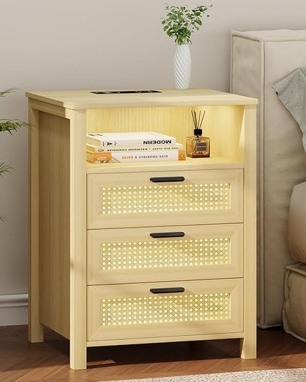 Rattan Nightstand with Charging Station, Night Stand with 3 Drawers and Open Shelf, Bed Side Table with LED Lights for Bedroom, Living Room, Natural Wood - LeafyLoom