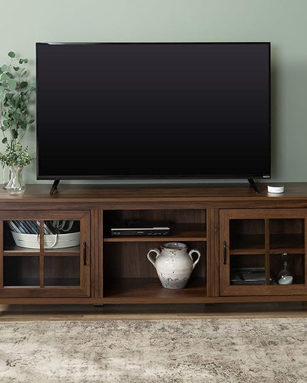 Walker Edison Portsmouth Classic 2 Glass Door Stand for TVs up to 80 Inches, 70 Inch, Dark Walnut - LeafyLoom