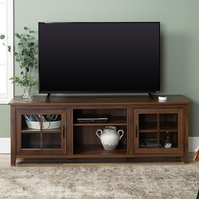 Walker Edison Portsmouth Classic 2 Glass Door Stand for TVs up to 80 Inches, 70 Inch, Dark Walnut - LeafyLoom