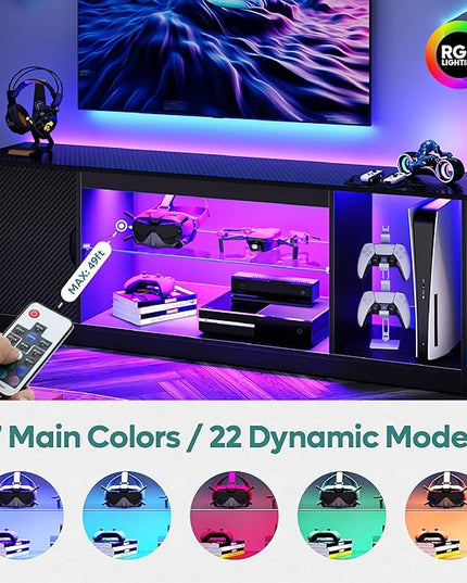 Bestier LED TV Stand for 55/60/65 Inch TV, Gaming Entertainment Center with Cabinet for PS5, Modern TV Cabinet with Adjustable Glass Shelves for Living Room, Bedroom 58 Inch,Black - LeafyLoom