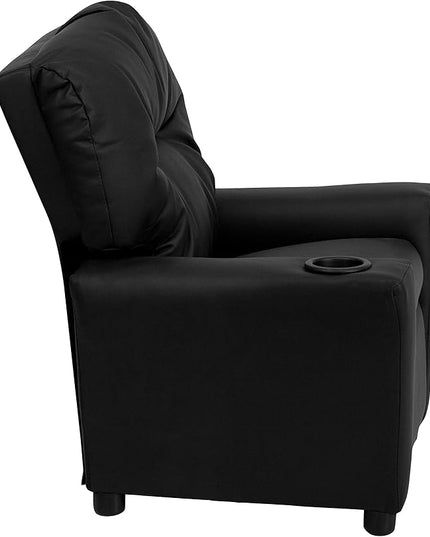 Flash Furniture Chandler LeatherSoft Kids Recliner with Cup Holder and Safety Recline, Contemporary Reclining Chair for Kids, Supports up to 90 lbs., Black - LeafyLoom