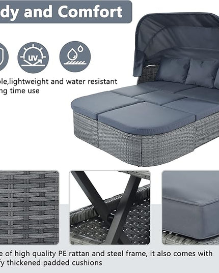 Rectangle Furniture Daybed Sunbed with Retractable Canopy, Outdoor Wicker Conversation Set with Cushions for Patio, Backyard, Porch, Garden, Hc-Gray - LeafyLoom