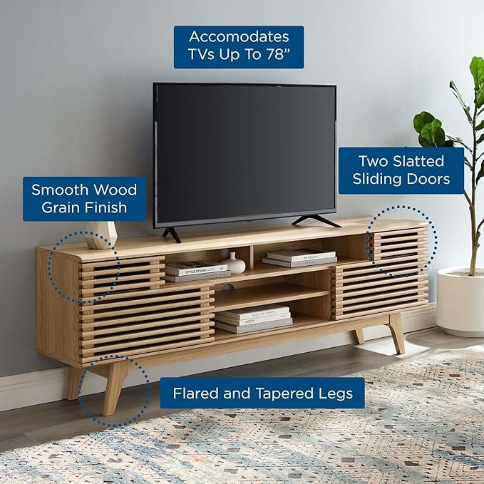 Modway Render Mid-Century Modern Low Profile 71 Inch Media Console TV Stand in Oak, 71" - LeafyLoom